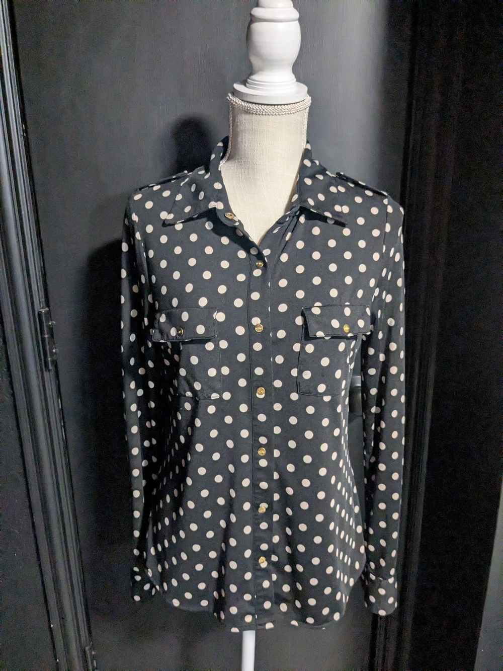 BCBGMaxAzria Black Blouse with Cream Polka Dots